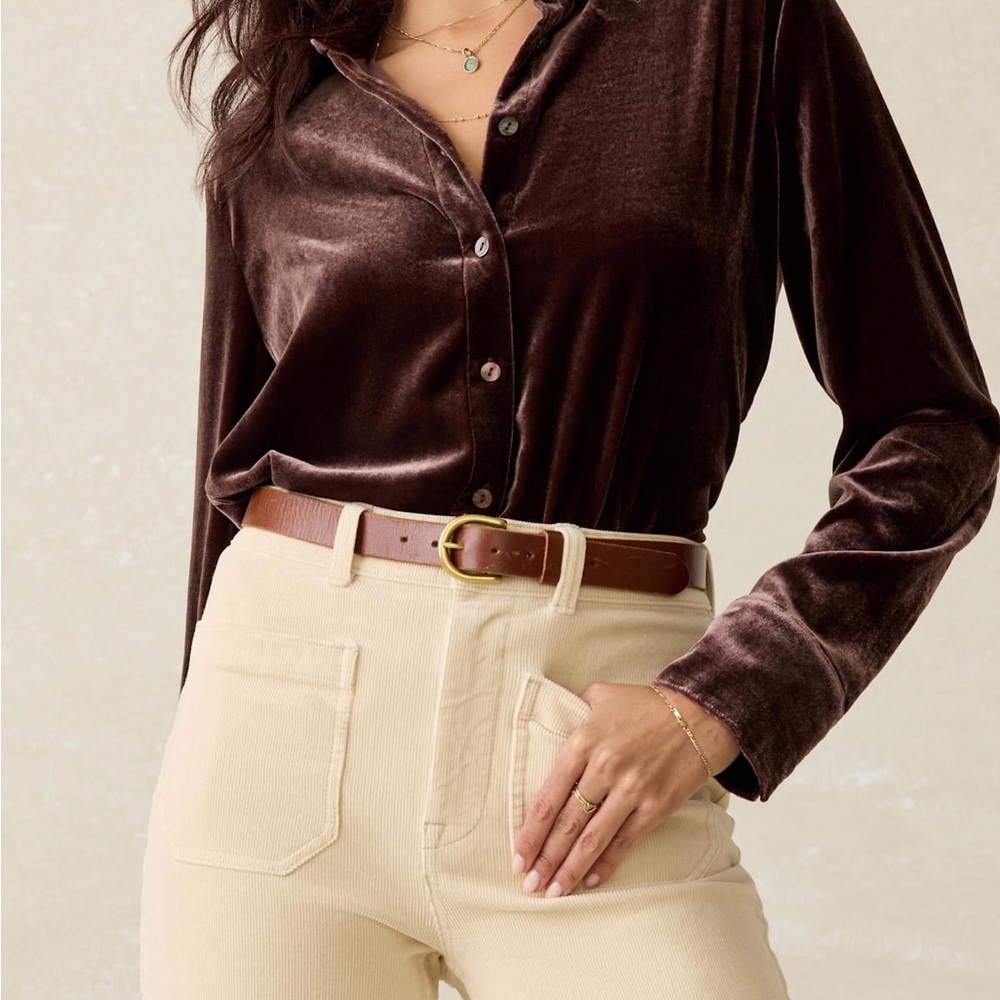 NWT Faherty Stretch Silk Velvet Genevieve Button-Down Shirt in Rich Brown